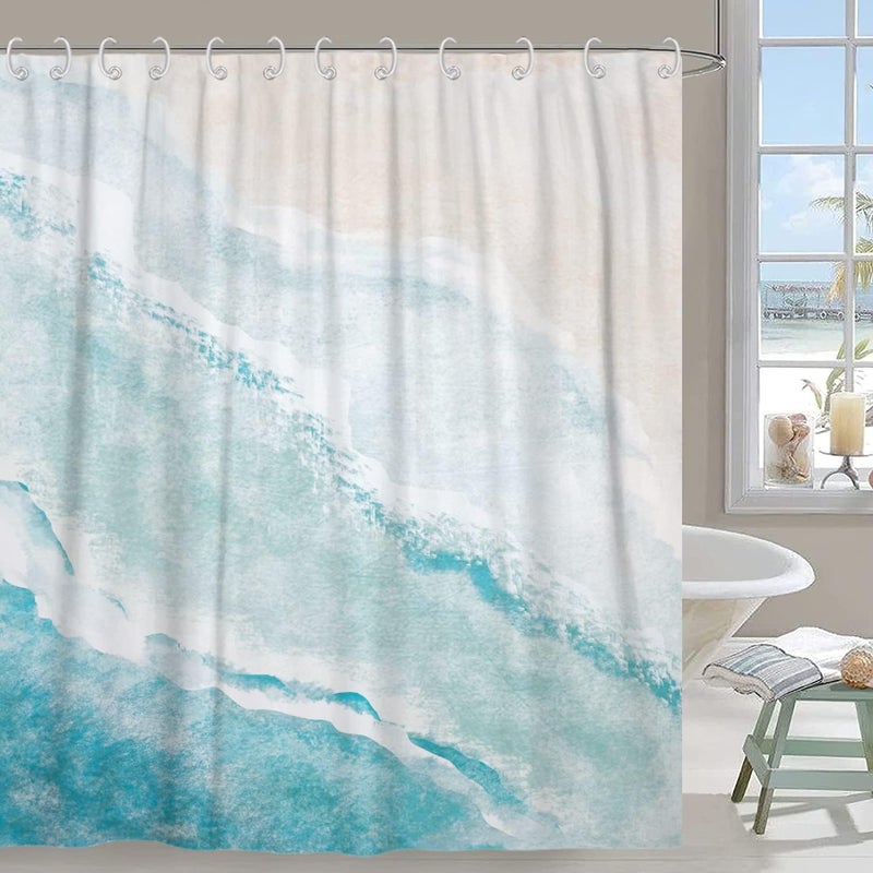 GCIREC Beach Shower Curtain  Teal Blue Coastal Ocean Beach Theme Bathroom Curtain Waterproof Fabric Machine Washable with Hooks 72"" Wx72 L - Image 1